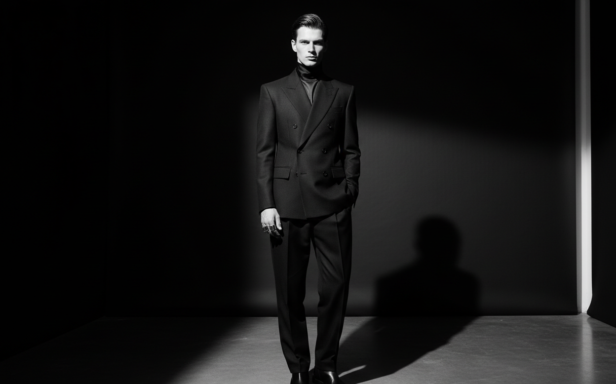 ハイブランドのTOP画像を作って　白黒で　男性モデルで